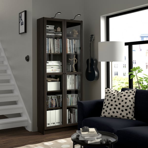 BILLY / OXBERG bookcase with glass doors, dark brown oak effect, 80x30x202 cm