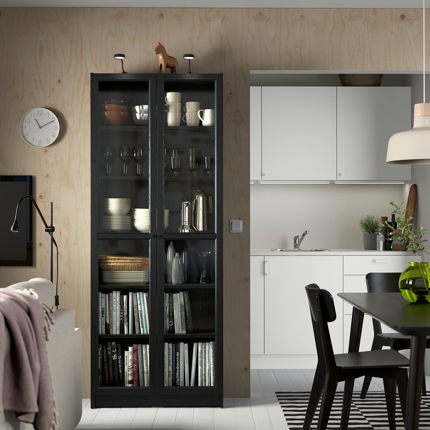 BILLY / OXBERG bookcase with glass doors, black oak effect, 80x41x202 cm