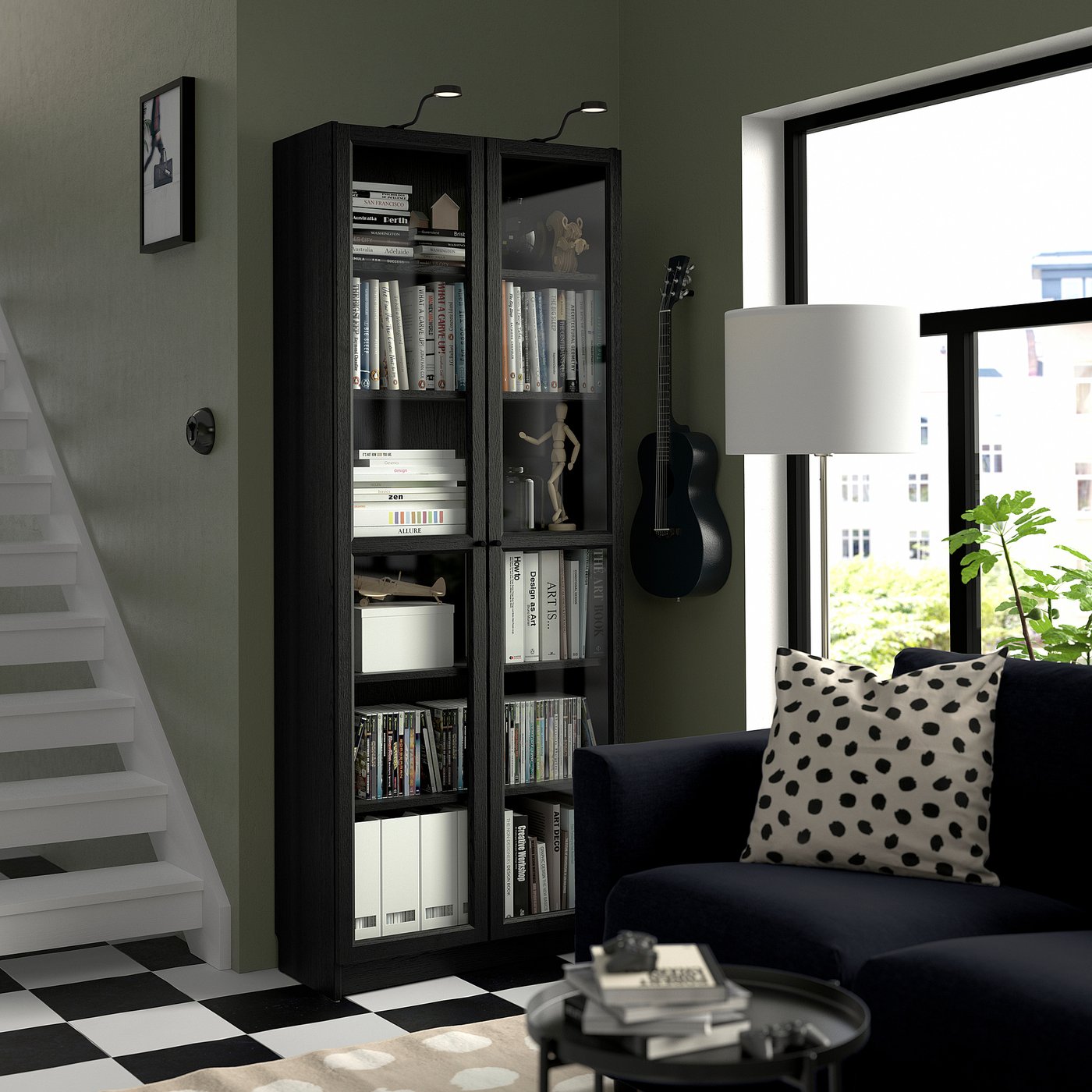 BILLY / OXBERG bookcase with glass doors, black oak effect, 80x202x41 cm
