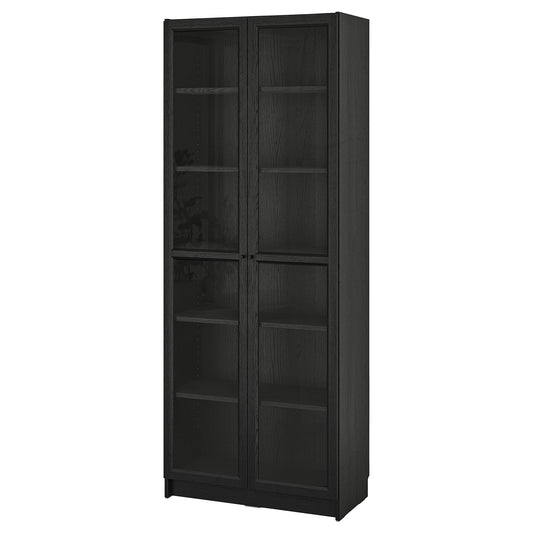 BILLY / OXBERG bookcase with glass doors, black oak effect, 80x202x41 cm