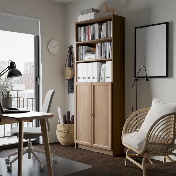 BILLY / OXBERG bookcase with doors, oak effect, 80x30x202 cm