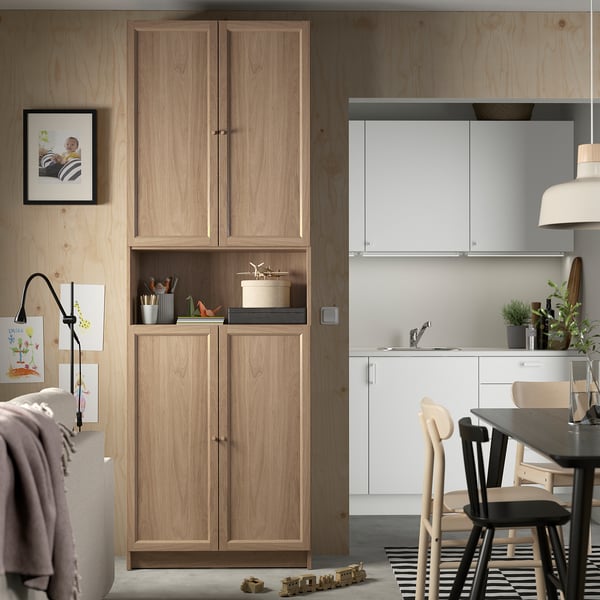 BILLY / OXBERG bookcase w doors/extension unit, oak effect, 80x30x237 cm