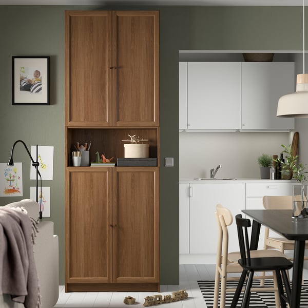 BILLY / OXBERG bookcase w doors/extension unit, brown walnut effect, 80x30x237 cm