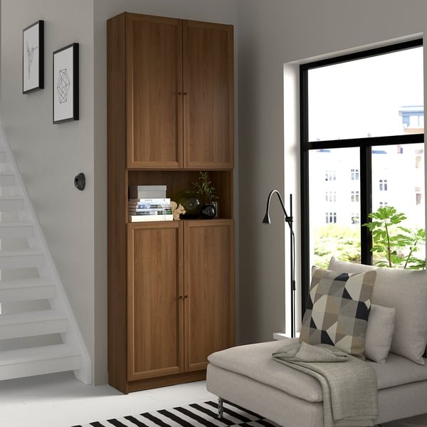 BILLY / OXBERG bookcase w doors/extension unit, brown walnut effect, 80x30x237 cm