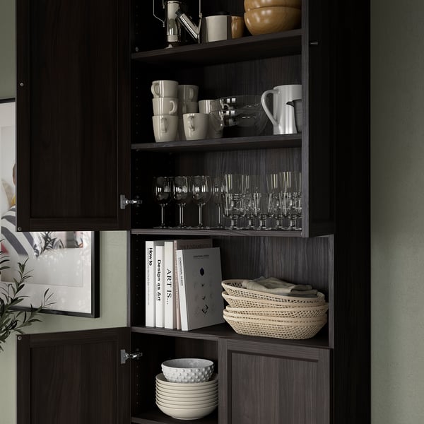 BILLY / OXBERG bookcase w doors/extension unit, dark brown oak effect, 80x30x237 cm