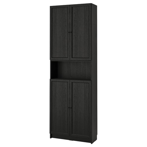 BILLY / OXBERG bookcase w doors/extension unit, black oak effect, 80x30x237 cm