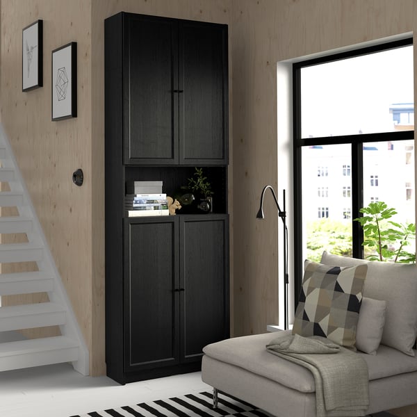 BILLY / OXBERG bookcase w doors/extension unit, black oak effect, 80x30x237 cm