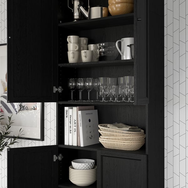 BILLY / OXBERG bookcase w doors/extension unit, black oak effect, 80x30x237 cm