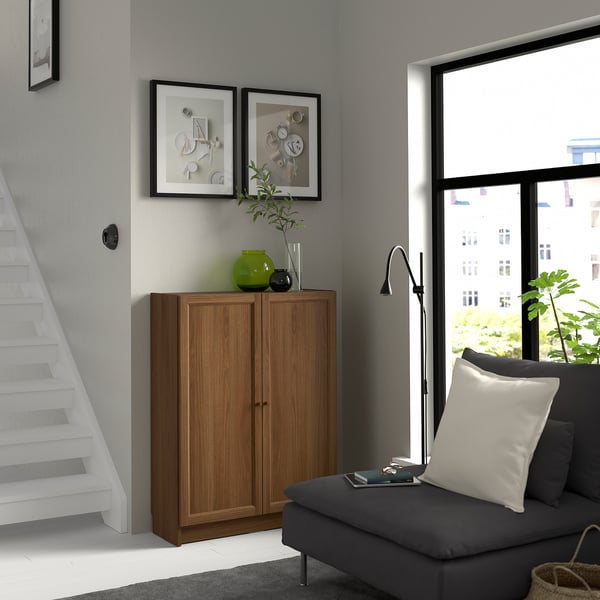 BILLY / OXBERG bookcase with doors, brown walnut effect, 80x30x106 cm