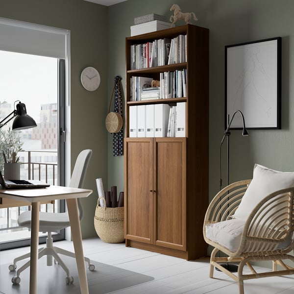 BILLY / OXBERG bookcase with doors, brown walnut effect, 80x30x202 cm