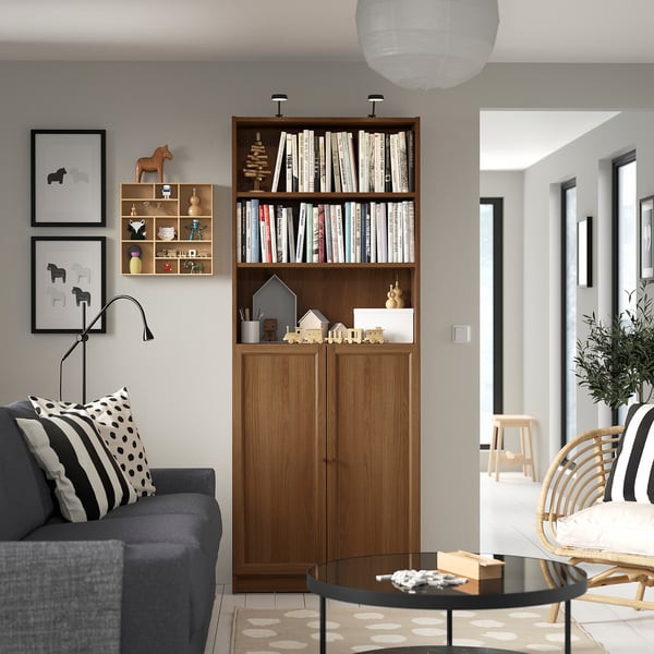 BILLY / OXBERG bookcase with doors, brown walnut effect, 80x30x202 cm