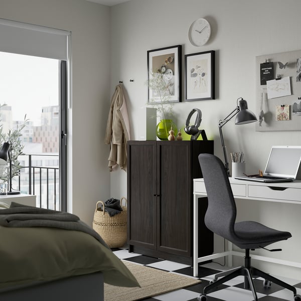 BILLY / OXBERG bookcase with doors, dark brown oak effect, 80x30x106 cm