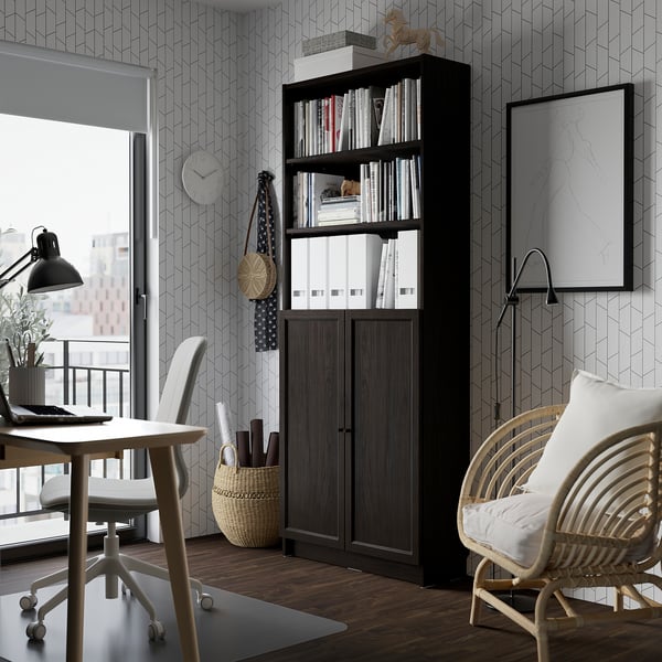 BILLY / OXBERG bookcase with doors, dark brown oak effect, 80x30x202 cm