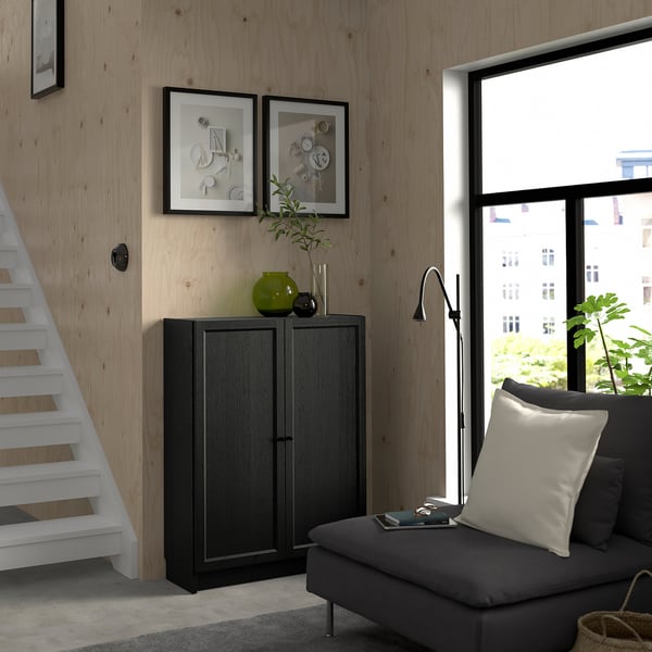 BILLY / OXBERG bookcase with doors, black oak effect, 80x30x106 cm