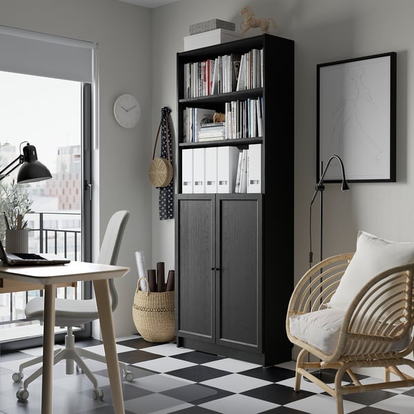 BILLY / OXBERG - BILLY / OXBERG Bookcase with doors, black oak effect, 80x30x202 cm