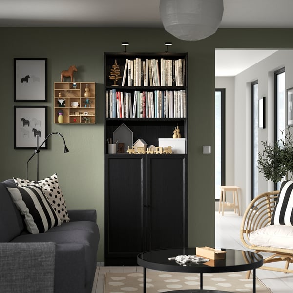 BILLY / OXBERG bookcase with doors, black oak effect, 80x30x202 cm