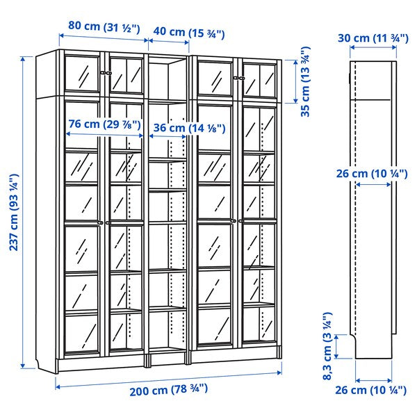 BILLY / OXBERG - Bookcase w glass doors/ext unit, oak effect, 200x30x237 cm