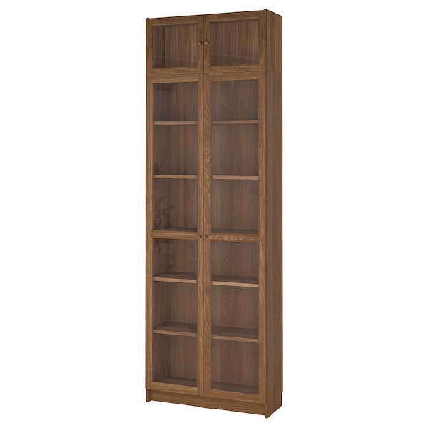 BILLY / OXBERG - Bookcase w glass doors/ext unit, brown walnut effect/clear glass, 80x30x237 cm