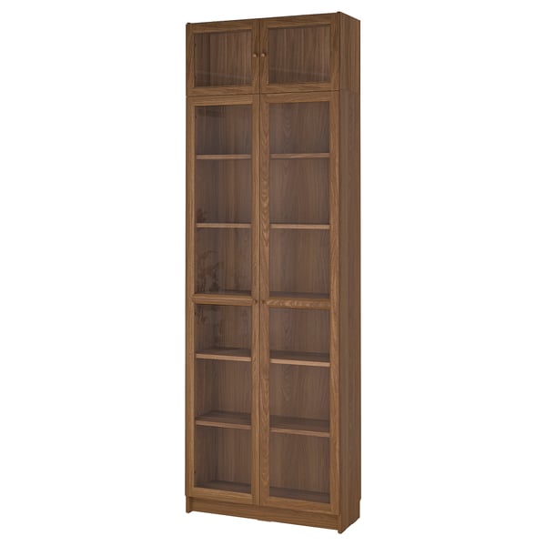 BILLY / OXBERG bookcase w glass doors/ext unit, brown walnut effect/clear glass, 80x30x237 cm