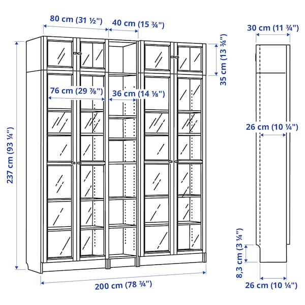 Ikea BILLY / OXBERG - Bookcase w glass doors/ext unit, brown walnut effect, 200x30x237 cm