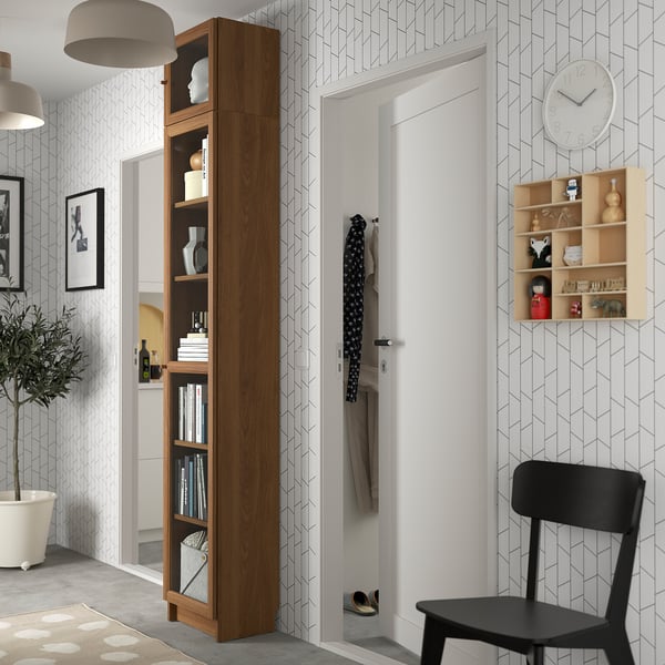 BILLY / OXBERG bookcase w glass doors/ext unit, brown walnut effect, 40x30x237 cm