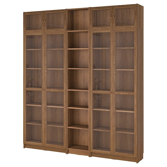 BILLY / OXBERG - Bookcase w glass doors/ext unit, brown walnut effect, 200x30x237 cm