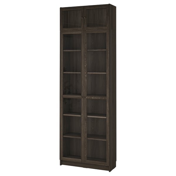 BILLY / OXBERG bookcase w glass doors/ext unit, dark brown oak effect/clear glass, 80x30x237 cm