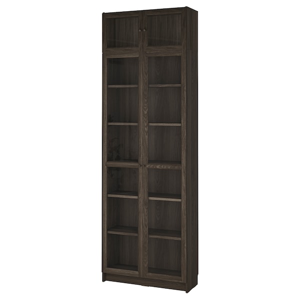 BILLY / OXBERG - Bookcase with glass doors/elem suppl, dark brown oak effect/transparent glass,80x30x237 cm