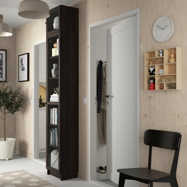 BILLY / OXBERG bookcase w glass doors/ext unit, dark brown oak effect, 40x30x237 cm