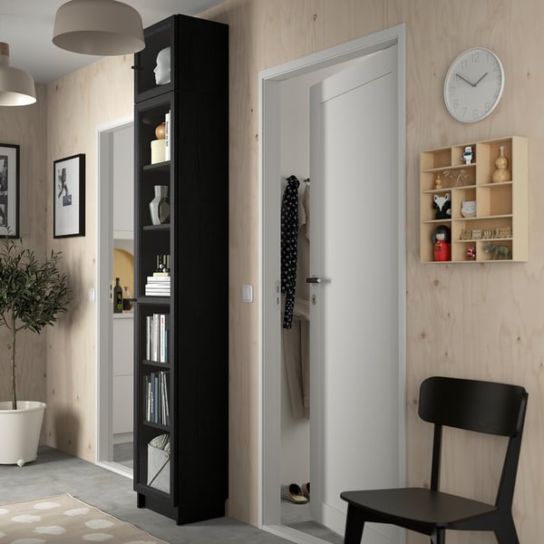 BILLY / OXBERG bookcase w glass doors/ext unit, black oak effect, 40x30x237 cm