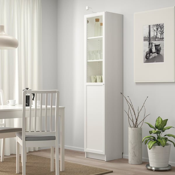 BILLY / OXBERG bookcase with panel/glass door, white/glass, 40x41x202 cm