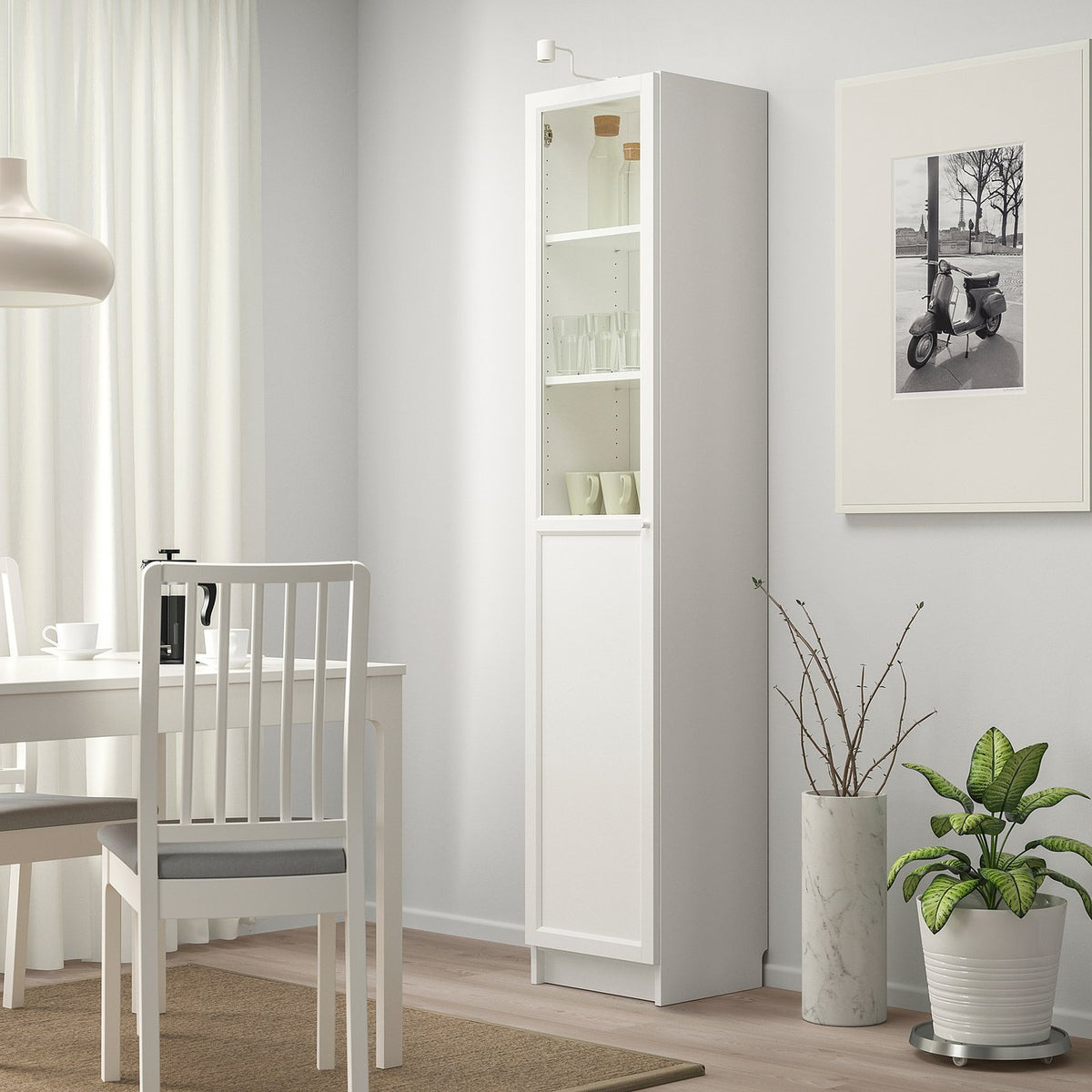 BILLY / OXBERG bookcase with panel/glass door, white/glass, 40x41x202 cm