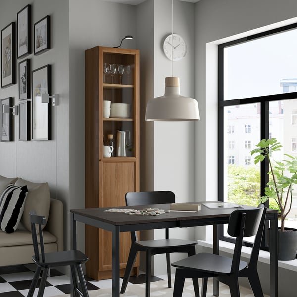 BILLY / OXBERG bookcase with panel/glass door, brown walnut effect, 40x30x202 cm