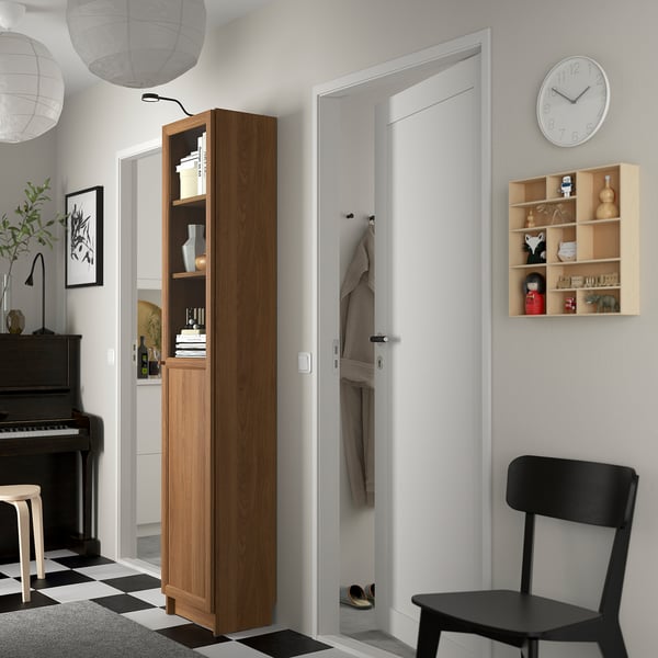 BILLY / OXBERG bookcase with panel/glass door, brown walnut effect, 40x30x202 cm
