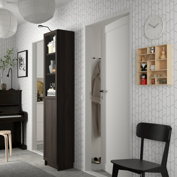 BILLY / OXBERG bookcase with panel/glass door, dark brown oak effect, 40x30x202 cm