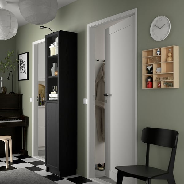 BILLY / OXBERG bookcase with panel/glass door, black oak effect, 40x30x202 cm