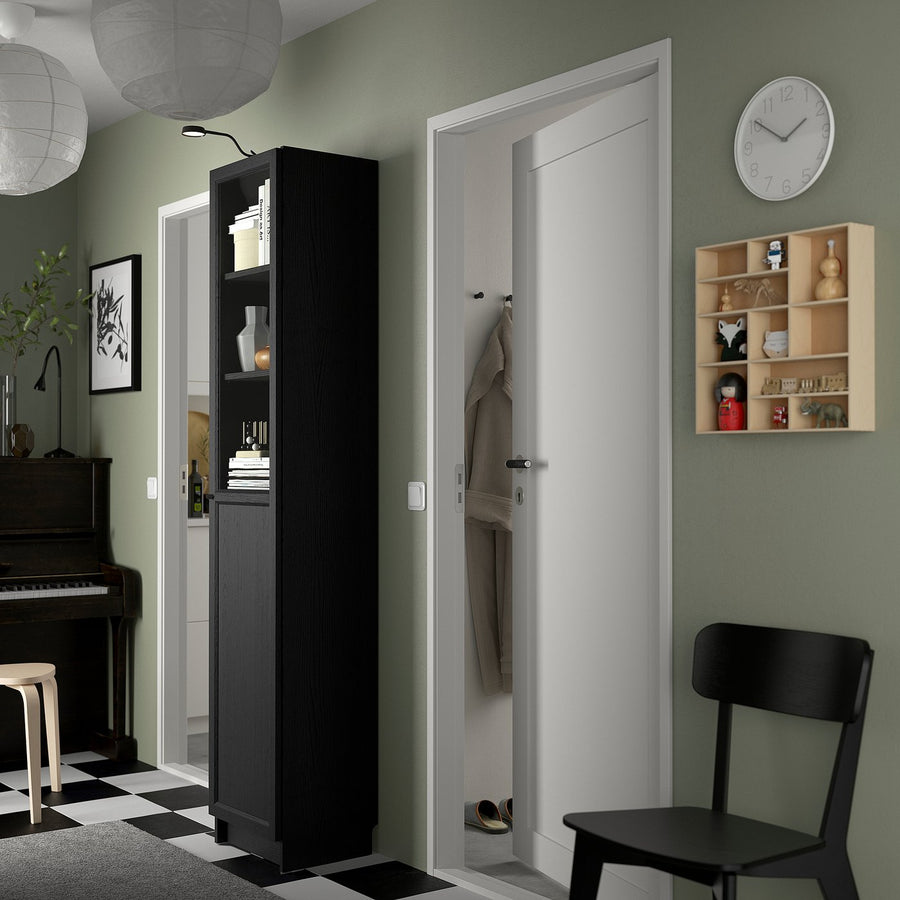 BILLY / OXBERG bookcase with panel/glass door, black oak effect, 40x41x202 cm