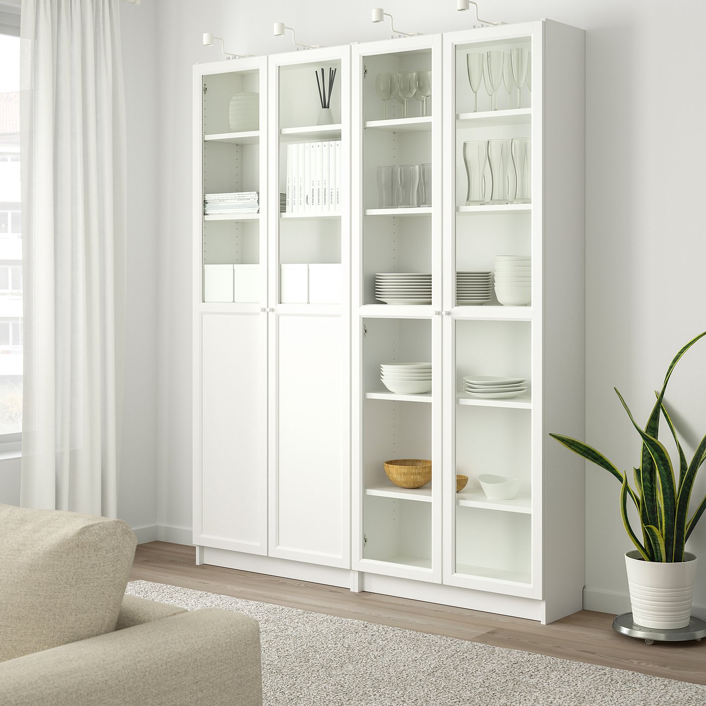 BILLY / OXBERG bookcase with panel/glass doors, white/glass, 160x30x202 cm