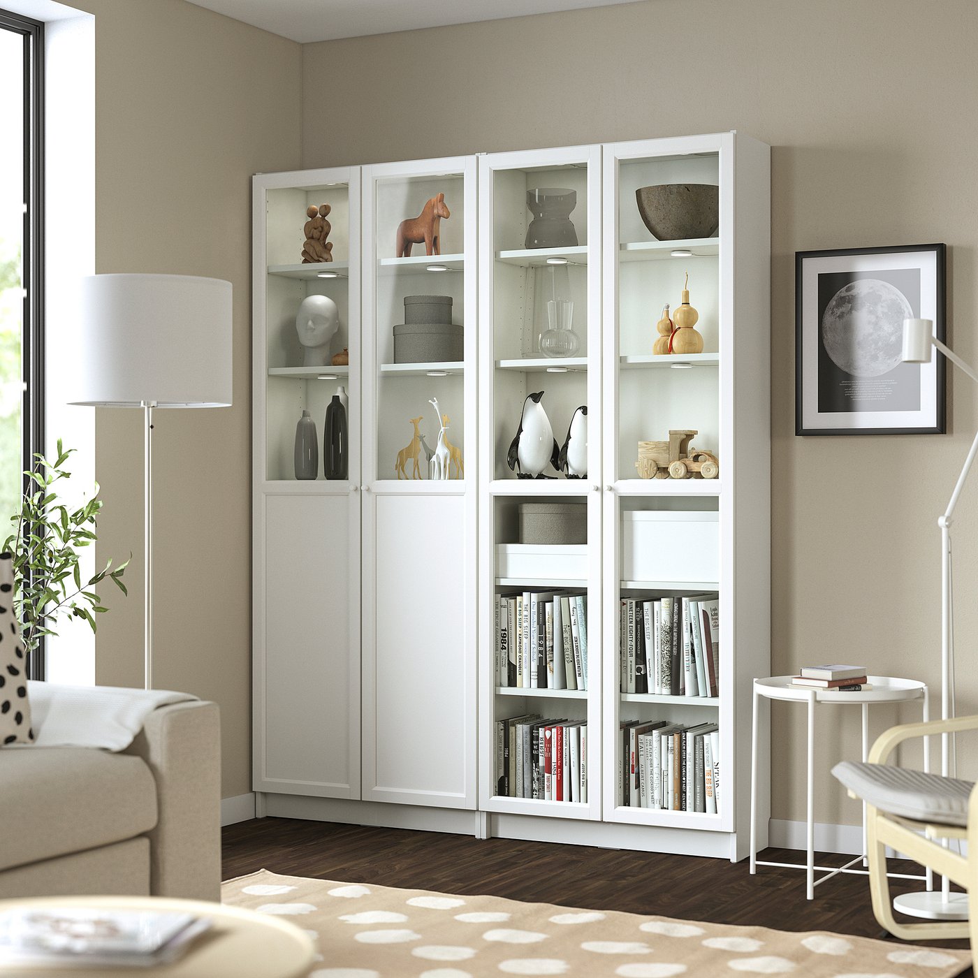 BILLY / OXBERG bookcase with panel/glass doors, white/glass, 160x30x202 cm