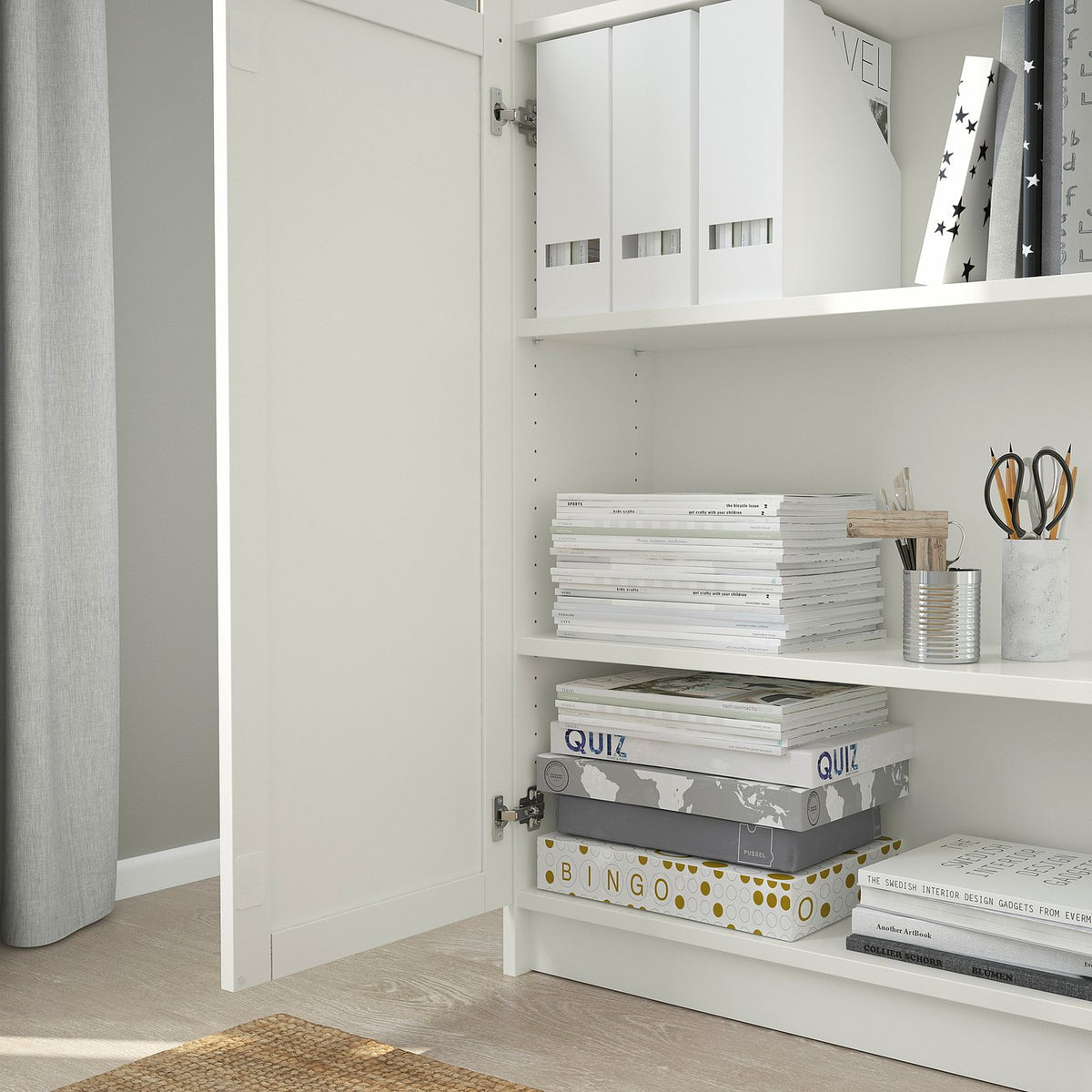 BILLY / OXBERG bookcase with panel/glass doors, white, 80x41x202 cm