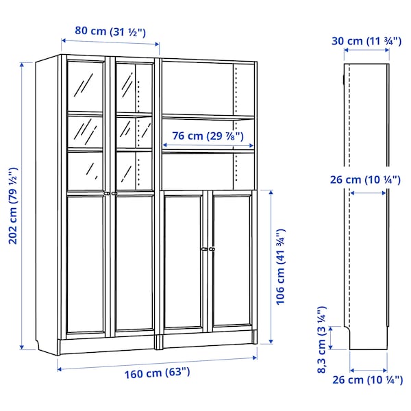 BILLY / OXBERG - Bookcase with panel/glass doors, oak effect/clear glass, 160x30x202 cm