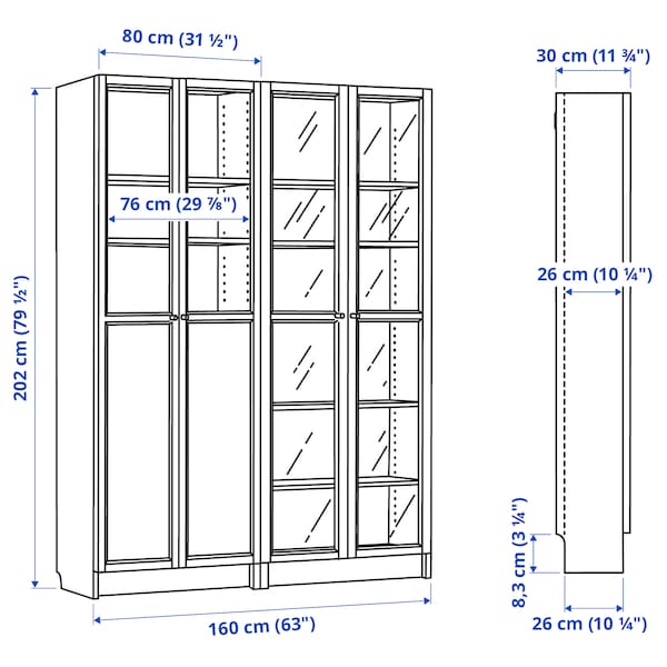 Ikea BILLY / OXBERG - Bookcase with panel/glass doors, oak effect/clear glass, 160x30x202 cm