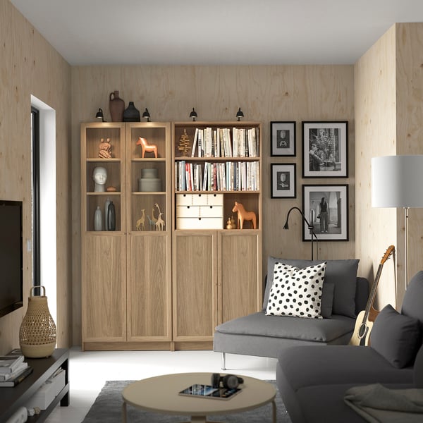 BILLY / OXBERG bookcase with panel/glass doors, oak effect/clear glass, 160x30x202 cm
