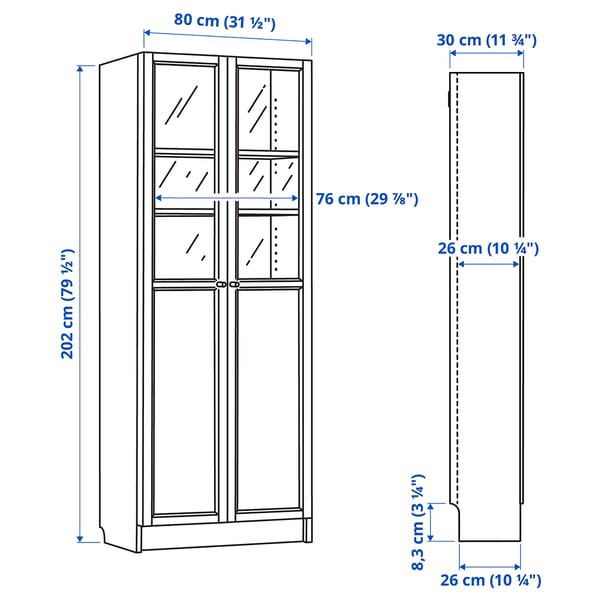 BILLY / OXBERG bookcase with panel/glass doors, oak effect, 80x30x202 cm