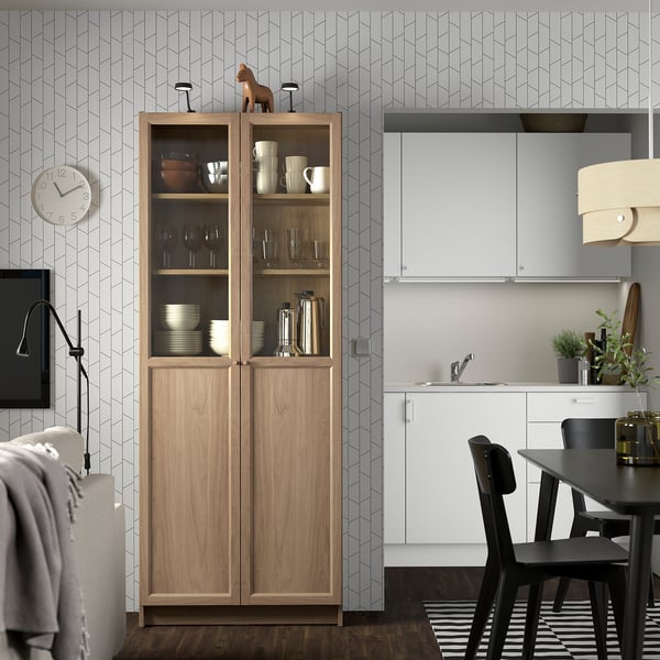 BILLY / OXBERG bookcase with panel/glass doors, oak effect, 80x30x202 cm