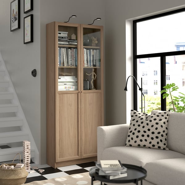 BILLY / OXBERG bookcase with panel/glass doors, oak effect, 80x30x202 cm