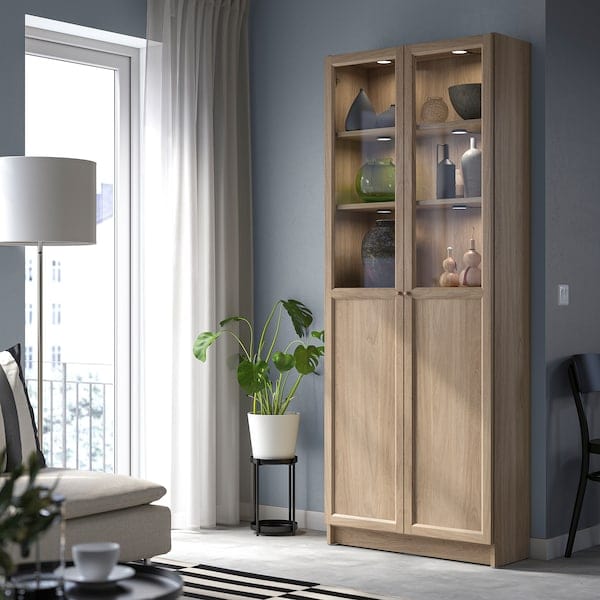 Ikea BILLY / OXBERG - Bookcase with panel/glass doors, oak effect, 80x30x202 cm