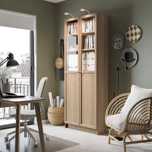 BILLY / OXBERG bookcase with panel/glass doors, oak effect, 80x30x202 cm