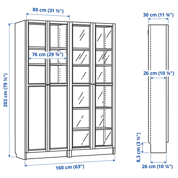 BILLY / OXBERG bookcase with panel/glass doors, brown walnut effect/clear glass, 160x30x202 cm
