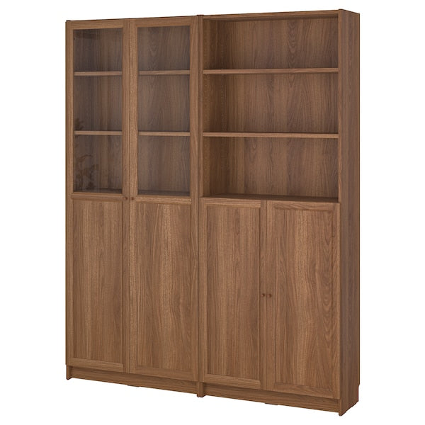 BILLY / OXBERG - Bookcase with panel/glass doors, brown walnut effect/clear glass, 160x30x202 cm